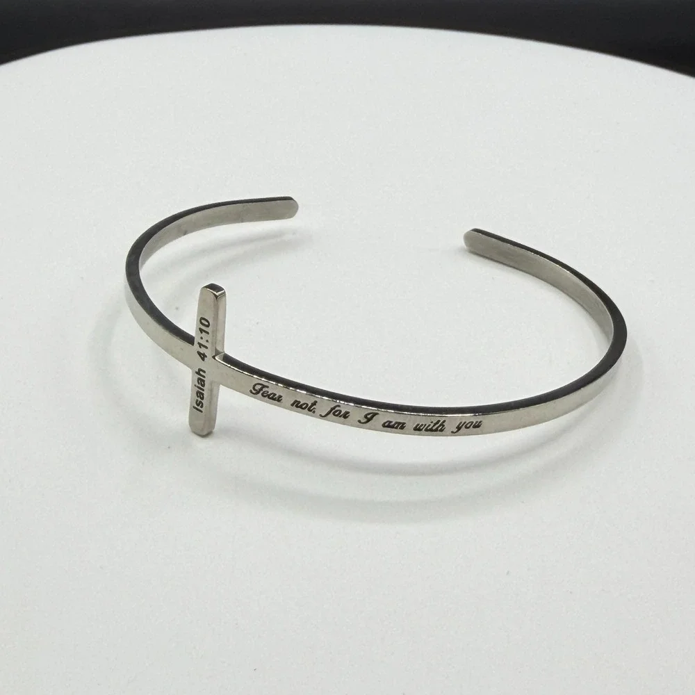 Silver Tone Isaiah 41:10 Cross Cuff Bracelet Christian Faith Inspirational Gift